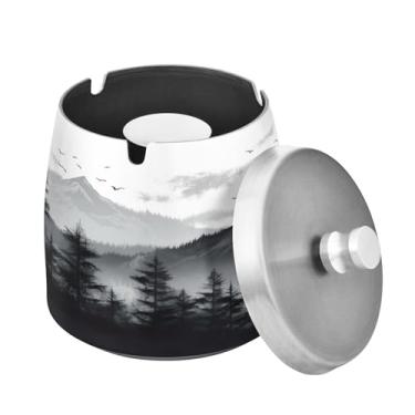 Imagem de Blueangle Cinzeiro Nature Mountains and Forest com tampa para cigarros, à prova de vento/chuva, aço inoxidável, sem fumaça, inodoro, cinzeiro para uso interno ou externo (331)