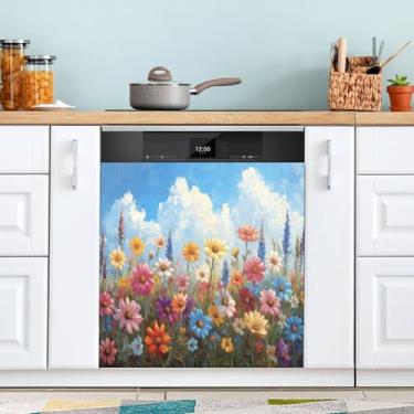 Imagem de ATTX Flores silvestres pintura a óleo capa ímã máquina de lavar louça, 58.4 cm C x 66.0 cm A decoração frontal da capa da máquina de lavar louça, decalques de armário doméstico eletrodomésticos