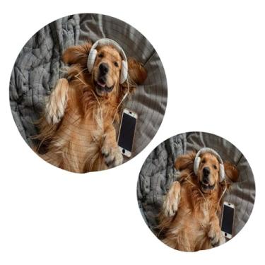 Imagem de Blueangle 2 peças Golden Retriever – Conjunto de pegadores de panela de tecido redondo – Almofadas quentes trançadas de algodão – porta-copos – Tapetes de mesa para cozinhar e assar (298)