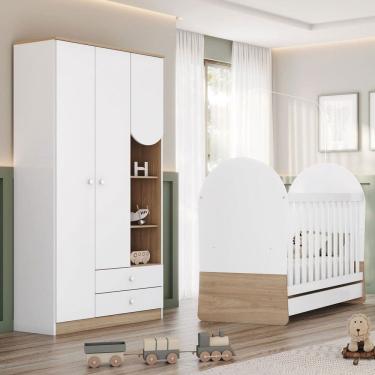 Imagem de Quarto de Bebê Completo Magia 3 Portas 2 Gavetas Branco/Jequitibá - Henn
