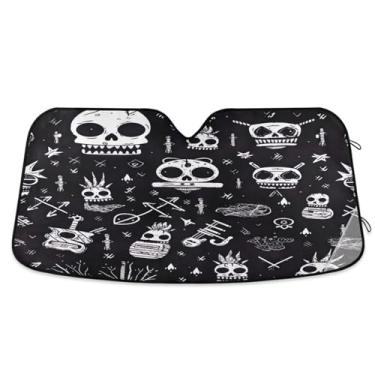Imagem de ATTX Pára-brisas de carro padrão de caveira colorida 134.6 cm x 59.7 cm escudo solar universal com proteção UV, persiana de janela frontal automática dobrável para sedãs SUVs caminhões #398