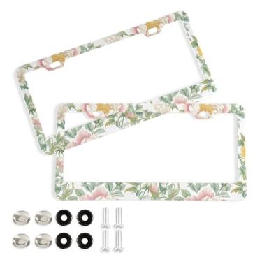Imagem de SEHANY Molduras de placa de licença de flores florais coloridas, capas de moldura de placa de carro de alumínio à prova de ferrugem com orifícios elípticos e parafusos serve para veículos padrão dos