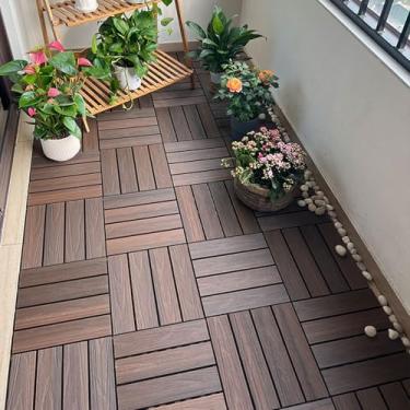 Imagem de Azulejos de deck interligados de madeira de acácia 30 x 30 cm à prova d'água para uso ao ar livre, uso em todos os climas, azulejos de terraço para varanda piscina varanda quintal, uso para todos os