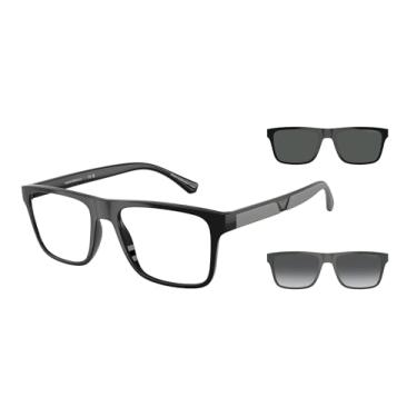 Imagem de Emporio Armani Armação masculina EA4115F Low Bridge Fit com dois clipes de sol intercambiáveis retangulares para óculos de grau, preto brilhante/preto/cinza, 54 mm, Preto brilhante/preto/cinza, 54 mm
