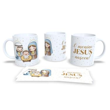 Imagem de Caneca Natalina com Presépio, Jesus O Verdadeiro Sentido do Natal, Cerâmica Branca, Decoração Religiosa com Arte Dourada, 325ml (23185)