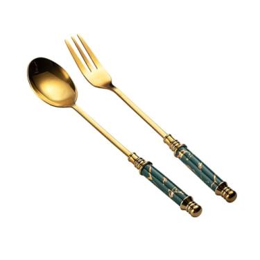 Imagem de Concha de sopa Conjunto de colheres chá e garfo sobremesa aço inoxidável, jantar com alça decorativa mármore artificial para casa, cozinha ou restaurante(Green)
