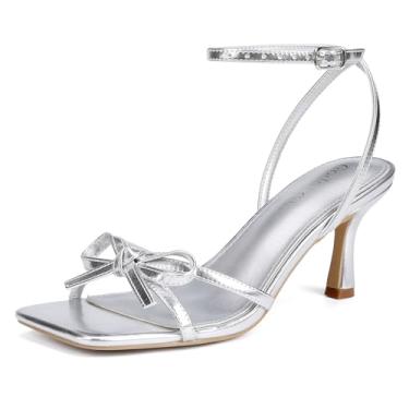 Imagem de Goderci Sandálias femininas de salto médio com salto curto e laço de salto médio, Prata, 40