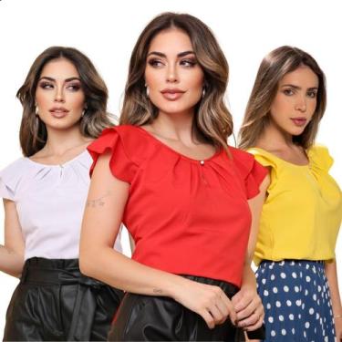 Imagem de Kit 3 Blusas Feminina Casual Evangélica Pérola Manga Babado Cor:VERMEL