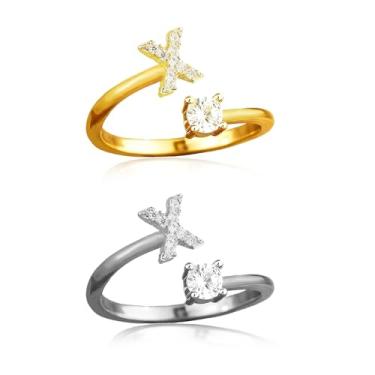 Imagem de ABJFJE Anéis femininos ajustáveis com letras prateadas douradas delicadas zircão cristal inicial empilhável anel moderno joia exclusiva presente 2 peças, Latão, Cristal