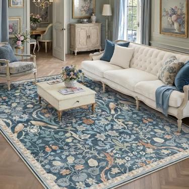 Imagem de WondRg Tapete floral lavável 5x7 para sala de estar, azul claro, antiderrapante, macio, vintage, pilha baixa, tapete grande, resistente a manchas, quarto, sala de jogos, escritório, sala de aula