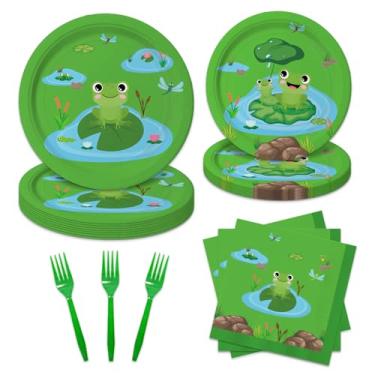 Imagem de 96 peças de decorações de festa de princesa e sapo sapo, decorações de festa de aniversário, chá de bebê com pratos de jantar, pratos de sobremesa, guardanapos e garfos para 24 convidados