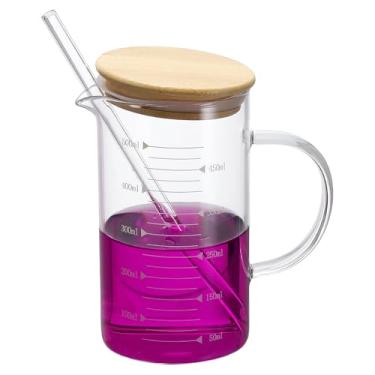 Imagem de PATIKIL Copo medidor de vidro de 500 ml, copo de vidro borossilicato, copos graduados de medição líquida com tampa de madeira, bico em forma de V para cozinha, bebendo, restaurante, balança impressa
