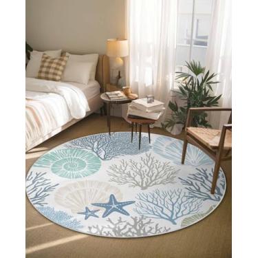 Imagem de Tapete redondo, conchas do oceano azul, círculo coral, tapete de sala de estar, tapete antiderrapante, tapete de concha, estrela-do-mar, vida marinha, tapetes macios e confortáveis para quarto de