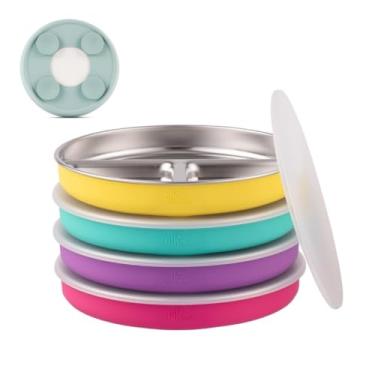 Imagem de Elk and Friends Pratos de aço inoxidável divididos com capa de silicone para bebês e crianças, tampa incluída, ventosa, pratos de comida e lanche, 4 peças