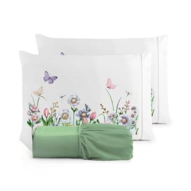 Imagem de Kit Jogo de Lençol Micropercal 400 Fios Ponto Palito Fronha Estampada(Borboleta - Lençol Verde,Casal Queen 03 Peças)