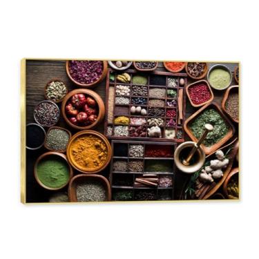 Imagem de NHLDZYH Moldura dourada. Arte de parede em tela de especiarias coloridas e colher de tempero | Decoração de cozinha vintage | Arte moderna para casa e sala de jantar. B13. 80 x 120 cm - 31,5 x 47,3