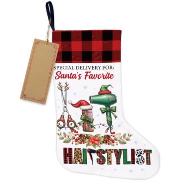 Imagem de Meia de Natal para decoração de árvore de Natal – Entrega especial para presentes de cabeleireiro favoritos do Papai Noel, meia de Natal pendurada para lareira, escadas de parede, decoração de Natal