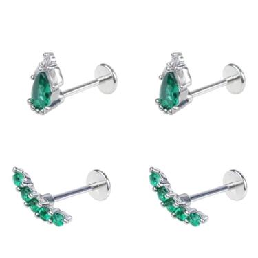 Imagem de Kokoma Brincos de pino plano de cristal verde 20G, piercing interno CZ para cartilagem de tragus helix concha nariz labret medusa piercing piercing joias 4 peças, 20g, Metal, Sem Pedra Preciosa