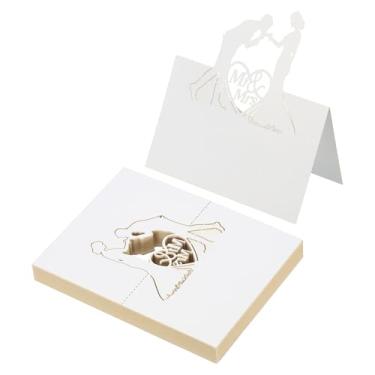 Imagem de PATIKIL 50 peças de cartões de casamento, cartões de nome, papel com glitter, cartão de lugar de casamento, etiquetas dobradas para mesa, buffet, recepção, jantar, festa, branco