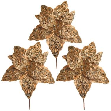 Imagem de Kit 3 Flores Bico De Papagaio Pick Natal Veludo Arabesco Glitter Dourado 28cm - Magizi