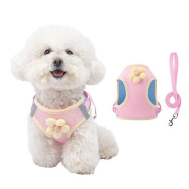 Imagem de Peitoral para cães de malha floral com coleira combinando, colete leve para animais de estimação de verão, rosa/amarelo (rosa, M: 3,6-5,4 kg)