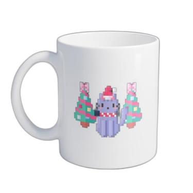 Imagem de Caneca Xícara de Café Porcelana 300ml Com Desenho Arte de Pixel Gatinho Natal
