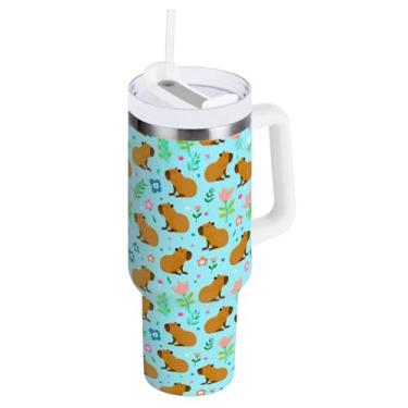 Imagem de Copos fofos de flores de capivaras de 1,134 g com alça e tampa de palha, copo com isolamento duplo com tampa 2 em 1