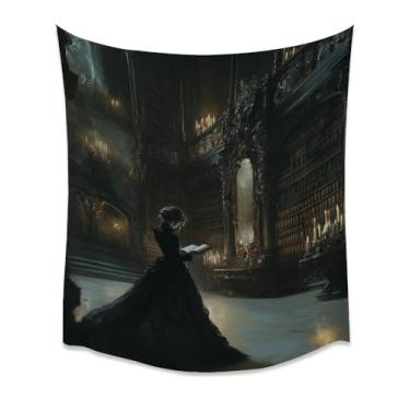 Imagem de Dark Academia Reading Lady Tapeçaria Moody Gothic Library Books Candles Victorian Gown Wall Hanging Decor For Bedroom Study Nook Cozy Home Aestheticwhite50x60inch