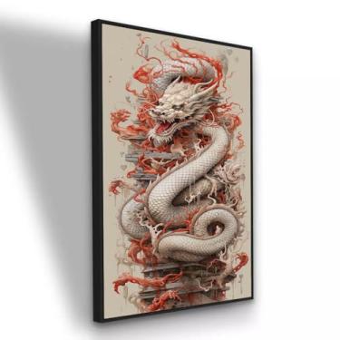 Imagem de Quadro em tecido Canvas Dragao Branco Chines 120x80cm com Moldura Preta