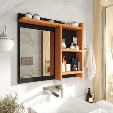 Imagem de Espelheira de Banheiro Armário Com Nicho Prateleira Espelho espelheira banheiro(Preto com Nature)