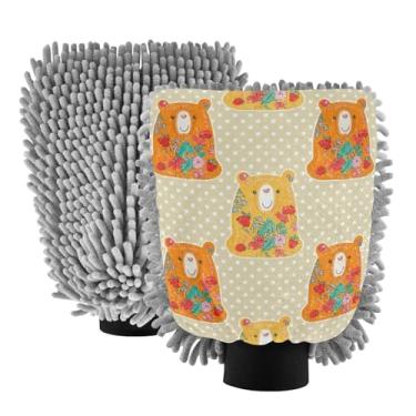 Imagem de ODAWA Luvas de lavagem de carro de microfibra de chenille floral Bears Pacote com 2 luvas de lavagem de carro para canhão de espuma 18 cm x 26 cm
