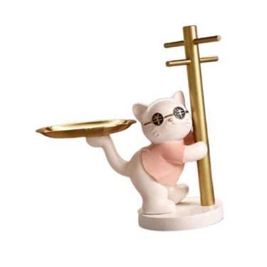 Imagem de Wswqop Bandeja organizadora de chaves em formato de gato para mesa de entrada, com estátua decorativa de gato de desenho animado para pendurar, ideal para, Rosa