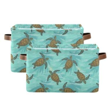 Imagem de Cestos de armazenamento de 36 cm com alças – cesta decorativa dobrável de lona para escritório em casa, quarto, tartaruga-marinha vintage, azul-petróleo, pacote com 2