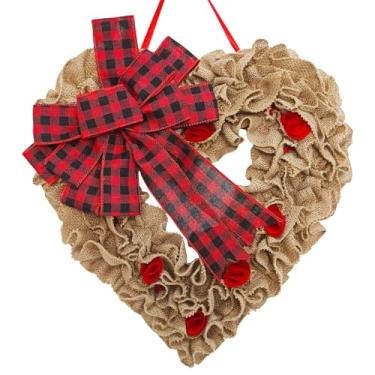 Imagem de Guirlanda de serapilheira para o dia dos namorados, guirlanda em forma de coração com laço xadrez de búfalo, guirlandas de dia dos namorados para casa de fazenda na porta da frente, decoração de dia