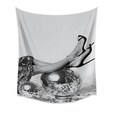 Imagem de Bola de discoteca preta branca glamourosa salto alto moda arte de parede brilhante festa estética vintage chique impressão para quarto sala de estar armário sala de estar sala de estar sala de estar