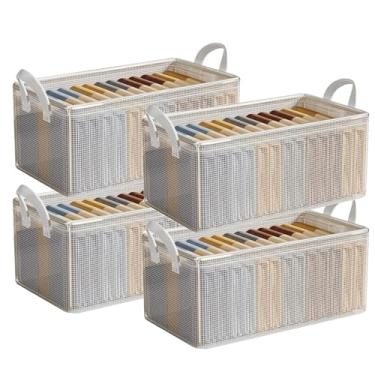 Imagem de YOWPEY Organizador de roupas de armário, 4 peças, à prova de poeira, cestos de armazenamento resistentes, caixas de armazenamento de 26 L, recipientes dobráveis para prateleiras, tábuas de suporte de