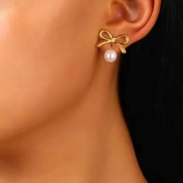 Imagem de Brincos de pérola brincos de laço de ouro para mulheres não perfurados, presente de Natal, material moderno para meias 2025, Medium, Latão, Sem pedra preciosa
