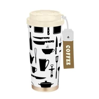Imagem de TSENQUE Caneca de café de viagem de 473 ml com tampa de canudo e filp, copo de café de viagem de aço inoxidável isolado a vácuo à prova de vazamento, utensílios de cozinha branco e preto