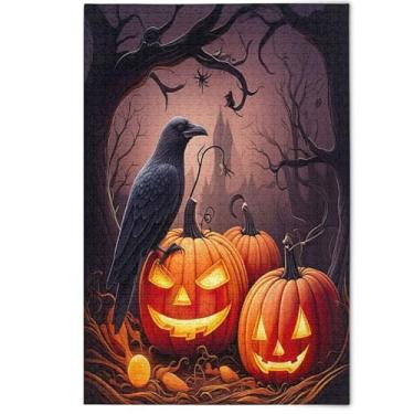 Imagem de Quebra-cabeça de Halloween abóbora pássaro preto 1000 peças para adultos, jogo engraçado arte prima arte estética decoração pintura, 1000 peças, 75 x 50 cm