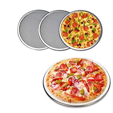 Imagem de 6 pacotes de formas de pizza de liga de alumínio com furos, tela de pizza/assadeira de grau comercial de 35,5 cm para forno, bandeja redonda para pizza e pizza para restaurante doméstico, sem costura
