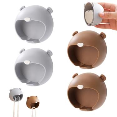 Imagem de 4 peças bonito suporte universal de escova de dentes autoadesivo em forma de urso para várias escovas elétricas/regulares, acessórios de banheiro (cinza, marrom)