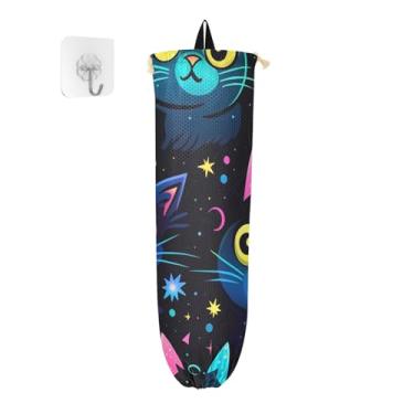 Imagem de Gatos neon com olhos coloridos e uma galáxia suportes de saco plástico, suporte de saco de plástico para armário, organizadores de bolsa de armazenamento