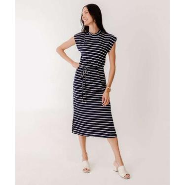Imagem de Vestido Midi Feminino Listrado Manga Curta Marisa-38014, Azul, G