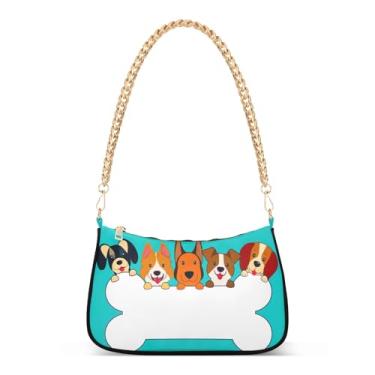Imagem de Bolsa de ombro com corrente de osso branco com desenho de cães fofos, bolsa feminina Hobo, bolsa moderna para todos os dias e festas
