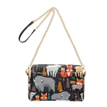 Imagem de Joitme Bolsa de ombro feminina preta com estampa de animais da floresta com alça de corrente para celular
