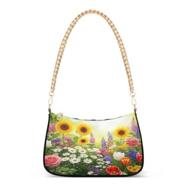 Imagem de Bolsa de ombro com corrente de ombro com flores coloridas vibrantes e divertidas, bolsa feminina Hobo, clutch floral moderna para noite