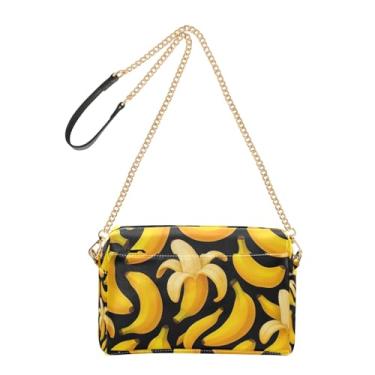 Imagem de Joitme Bolsa feminina tiracolo lindas bananas amarelas pretas bolsa para celular bolsa de couro PU bolsa de ombro alça de corrente
