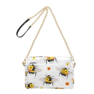 Imagem de Joitme Bolsa tiracolo feminina para celular, bolsa de ombro de couro sintético branco com flor de abelhas amarelas e alça de corrente