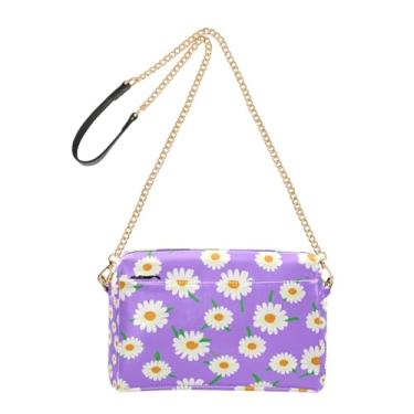 Imagem de Joitme White Daisies Bolsas femininas roxas bolsa tiracolo de couro PU bolsa de ombro com alça de corrente bolsa para celular