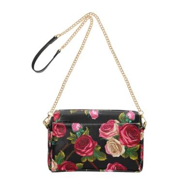 Imagem de Joitme Roses Red Spring Flowers Bolsa de ombro feminina preta transversal de couro PU bolsa de ombro alça de corrente bolsa de telefone fofa